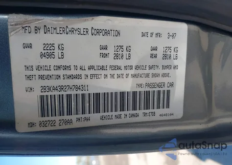 2007 Dodge Charger z USA, uszkodzony, nr VIN 2B3KA43R27H784311